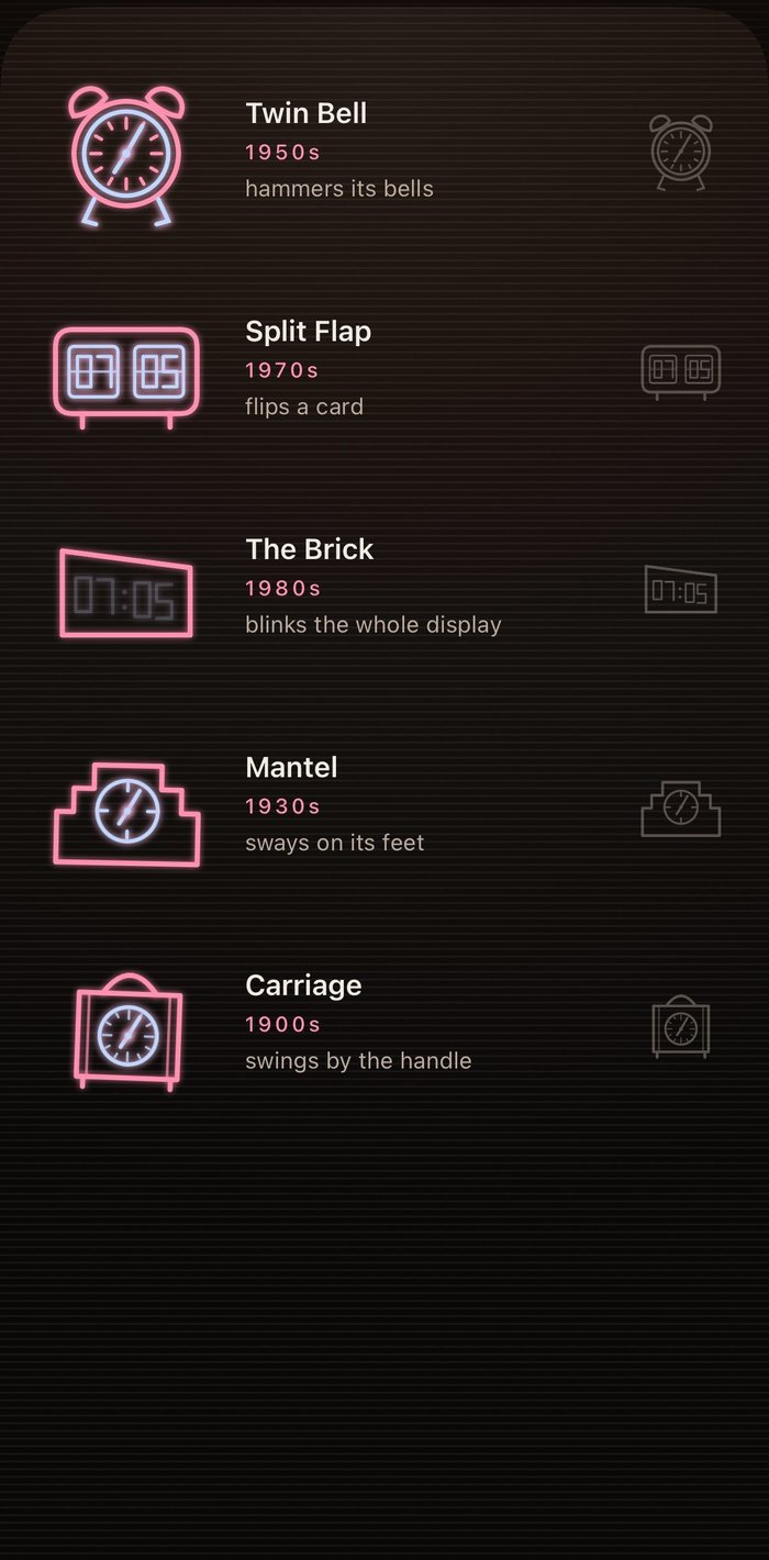 Mission Alarm's clock face picker, showing five collectible neon clock designs
